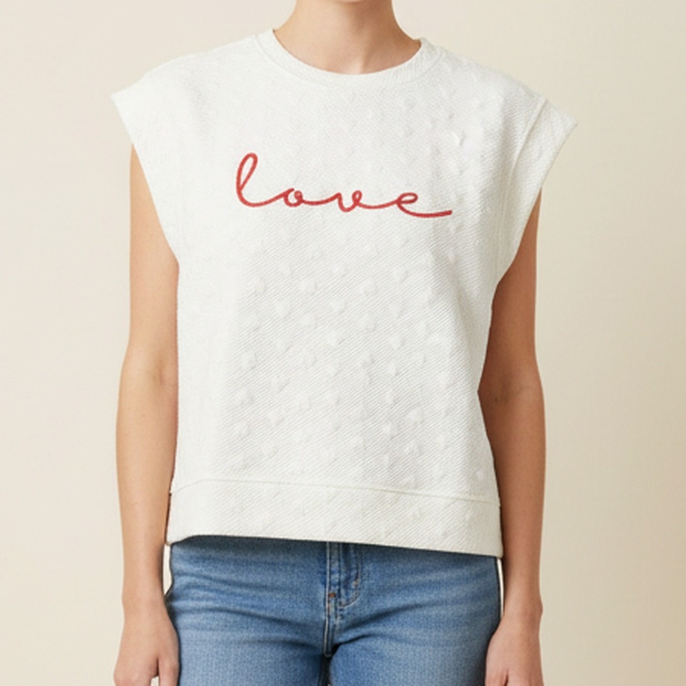 Entro NWT Love Embroidered Quilted Heart Sleeveless Sweatshirt Ivory Women S
